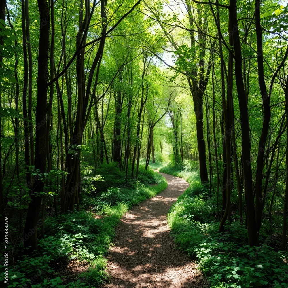 Fototapeta premium A forest path winding through dense underbrush with sunlight filtering through, forest, greenery, nature