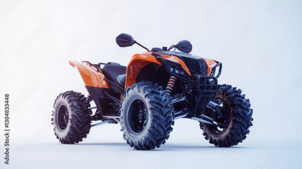 studio shot of an imposing orange atv quad bike with large textured tires designed for off road adventures and all terrain explorations under bright lighting studio shot of an imposing orange atv quad bike with large textured tires designed for off road adventures and all terrain explorations under bright lighting