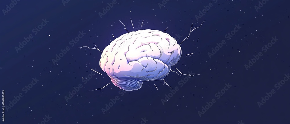 Fototapeta premium White 3D brain graphic on dark blue background, white lightning bolts surrounding the brain, stress awareness day concept, suitable for mental health healthcare campaigns