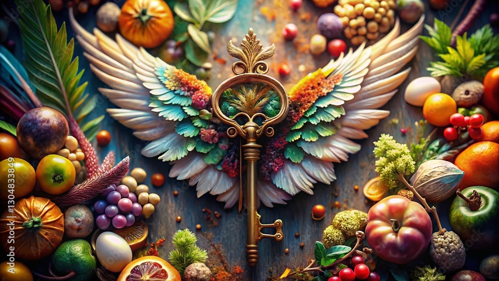 Fototapeta premium Whimsical Key with Wings and Eye: Surreal Food Photography