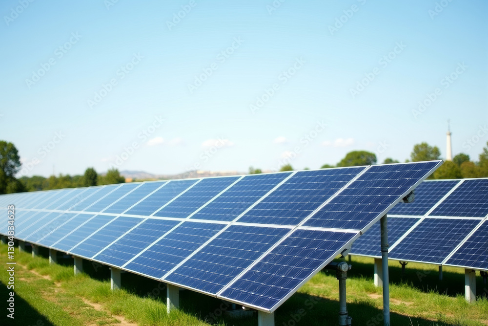 Large solar farm with reflective panels under bright sunlight, renewable energy concept . Large solar farm with reflective panels under bright sunlight, renewable energy concept .