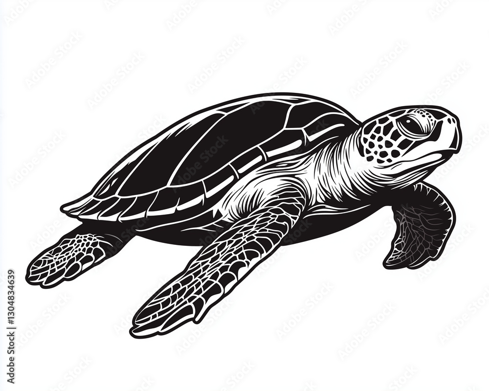 Obraz premium A sea turtle swimming gracefully, engraving and scratch board style sketch, black and white illustration