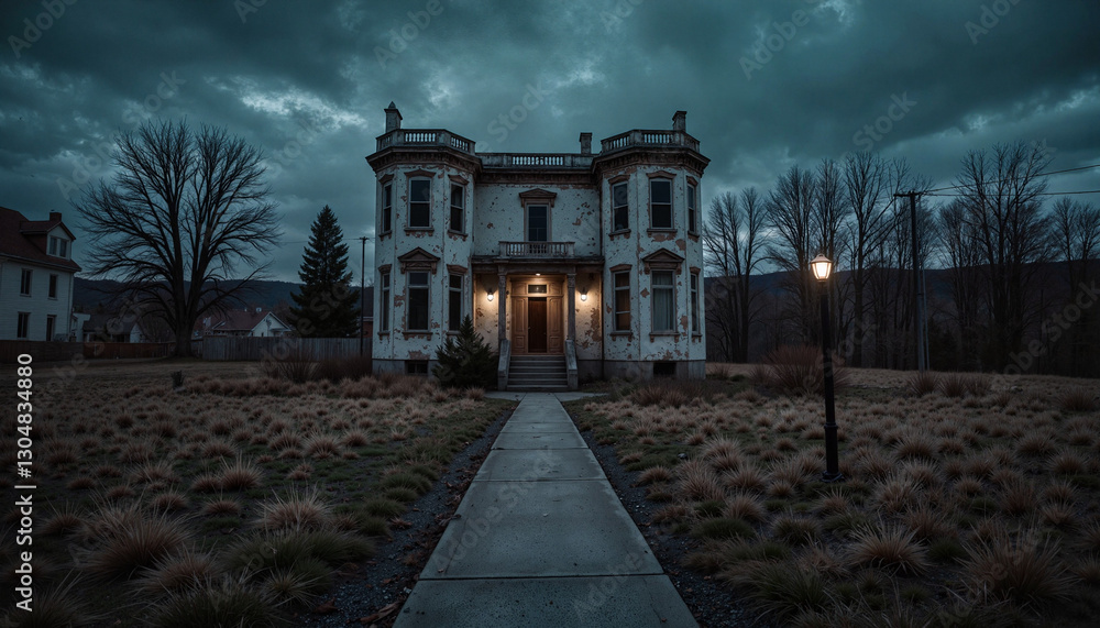 Eerie abandoned house at dusk in forsaken town, haunting solitude Eerie abandoned house at dusk in forsaken town, haunting solitude