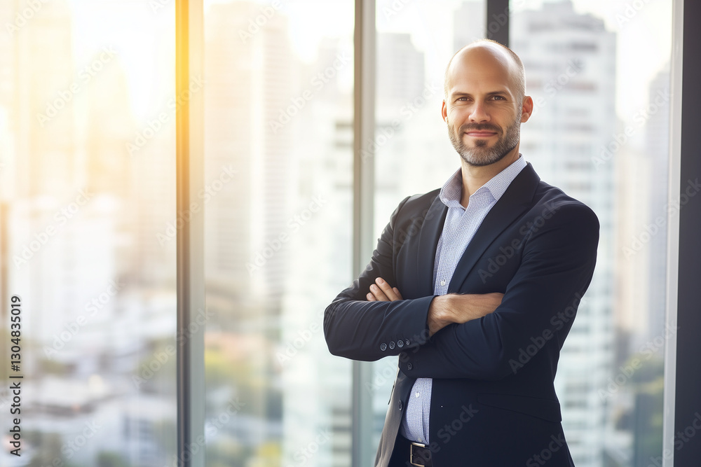 Confident business executive standing in a modern office with a city skyline backdrop, embodying leadership, success, and ambition. Confident business executive standing in a modern office with a city skyline backdrop, embodying leadership, success, and ambition.