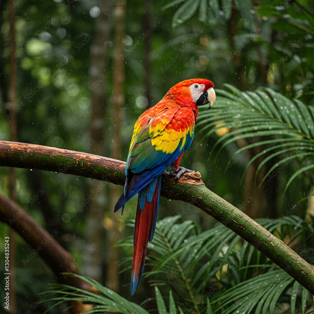 Obraz premium Vibrant Scarlet Macaw Perched on a Branch in Lush Rainforest, Natural Light Photography
