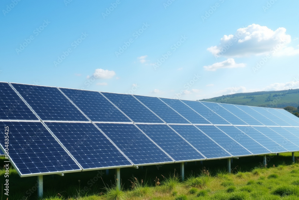 Large solar farm with reflective panels under bright sunlight, renewable energy concept . Large solar farm with reflective panels under bright sunlight, renewable energy concept .