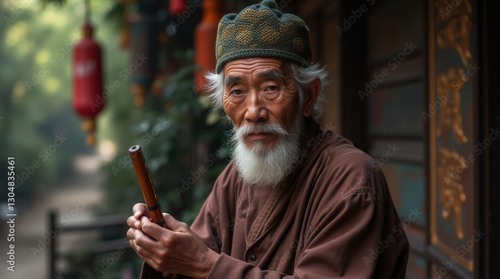 Fototapeta premium Elderly Asian man playing a traditional ancient string instrument, smiling warmly. Cultural and musical heritage .