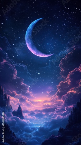Ethereal crescent moon shines above a dreamy cloudscape with distant mountains and twinkling stars creating a serene and magical atmosphere under a dark blue sky