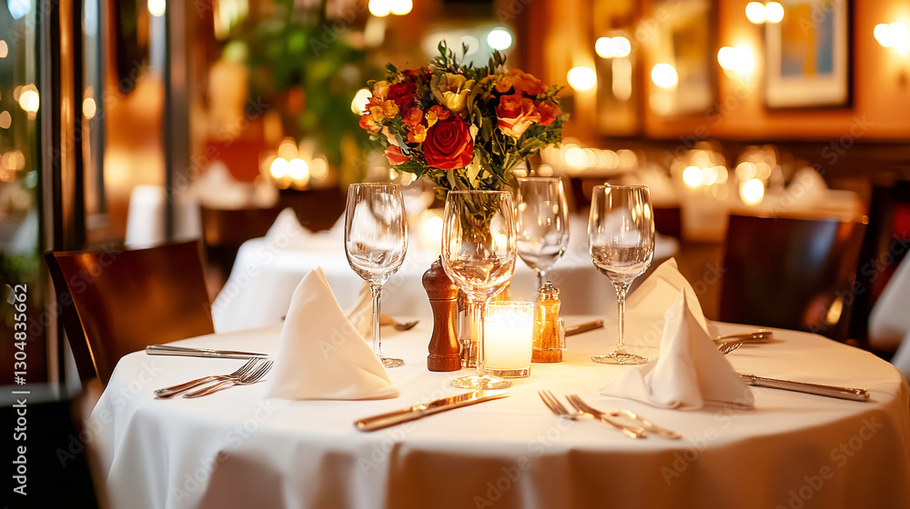 Romantic Dining Setting: A meticulously arranged dining table, adorned with fine glassware, elegant silverware, a bouquet of vibrant flowers, and a warm candlelight. Romantic Dining Setting: A meticulously arranged dining table, adorned with fine glassware, elegant silverware, a bouquet of vibrant flowers, and a warm candlelight.