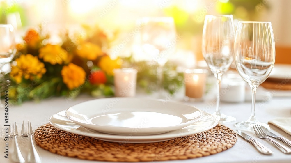 Table Setting with Warm Glow: A romantic table setting features elegant white dinnerware and gleaming wine glasses, accented by a vibrant floral centerpiece and warm candlelight. Table Setting with Warm Glow: A romantic table setting features elegant white dinnerware and gleaming wine glasses, accented by a vibrant floral centerpiece and warm candlelight.
