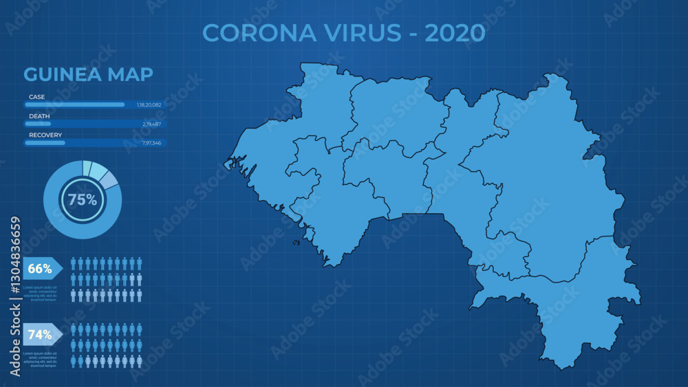 Fototapeta premium Corona Virus Case, Death & Recovery Infographic Map of Guinea. Male & Female Report of Corona Virus in Guinea. Health Map Vector Illustration