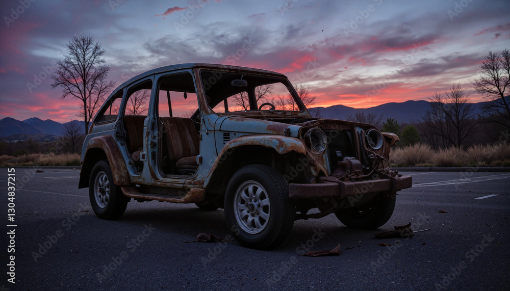 Abandoned burnt-out car in deserted parking lot at twilight, desolation Abandoned burnt-out car in deserted parking lot at twilight, desolation