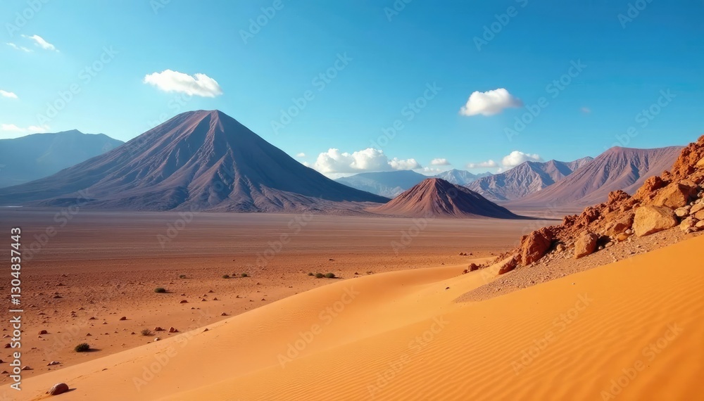 Desert landscape with volcanic peaks in Fuerteventura, sand, earth, landscape Desert landscape with volcanic peaks in Fuerteventura, sand, earth, landscape