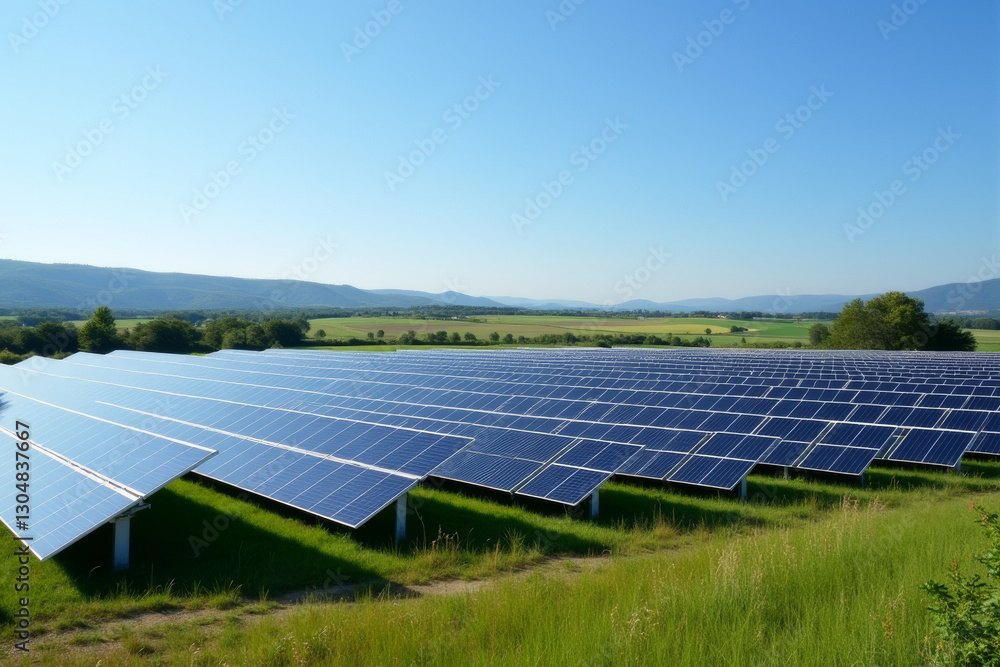 Large solar farm with reflective panels under bright sunlight, renewable energy concept . Large solar farm with reflective panels under bright sunlight, renewable energy concept .