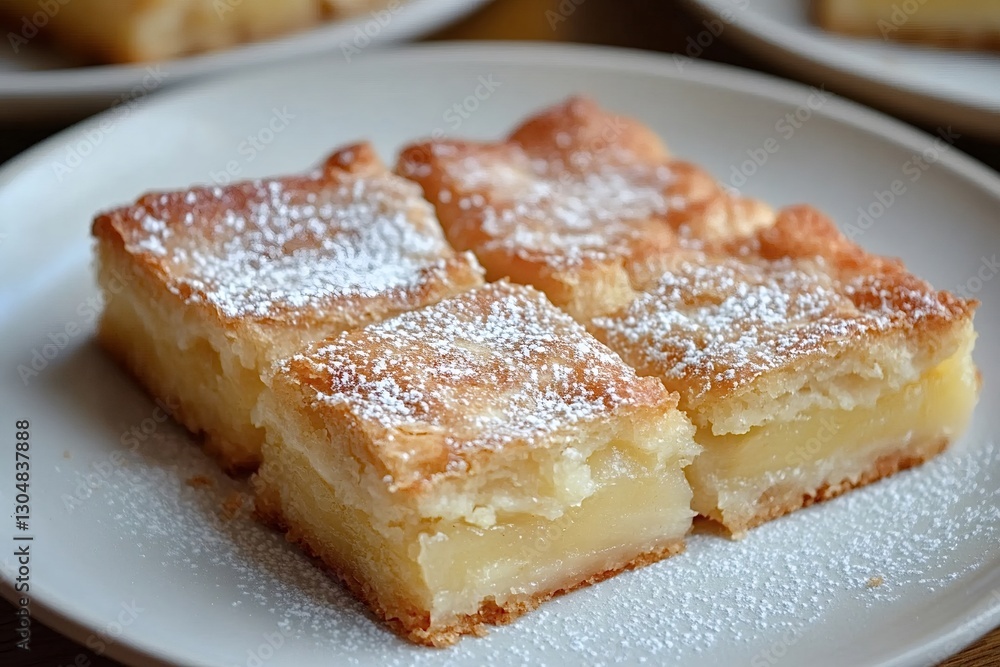 Four squares of lemon bars resting on a white plate, dusted with a generous layer of powdered sugar, creating an enticing display of this delightful sweet treat Four squares of lemon bars resting on a white plate, dusted with a generous layer of powdered sugar, creating an enticing display of this delightful sweet treat