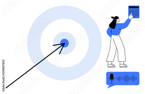 Woman using calculator, arrow hitting bullseye, audio speech bubble conveys planning, strategy, goal setting, focus, communication, productivity decision-making. Flat simple metaphor