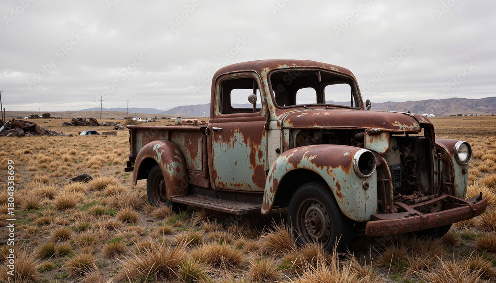 Abandoned burnt-out truck in rural field under overcast sky, decay Abandoned burnt-out truck in rural field under overcast sky, decay