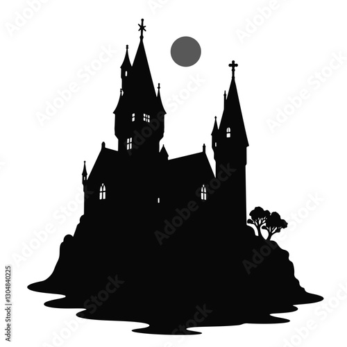 Silhouette of an abandoned castle at night with a full moon, mystery