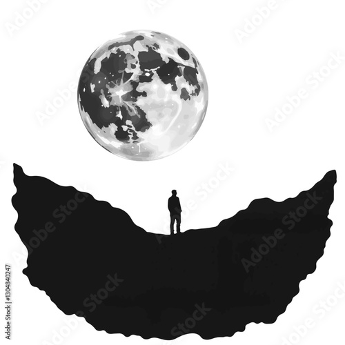 Lone figure standing on moonlit cliff, solitude in lunar landscape