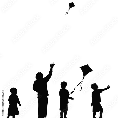 Joyful silhouettes of kids flying kites against a white background, childhood fun