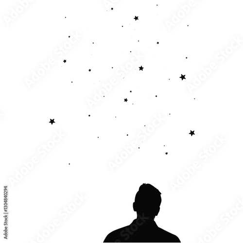 Solitary figure gazing at stars against white background, introspection