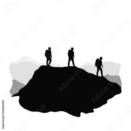 Hikers watching sunrise from hilltop, adventurous exploration