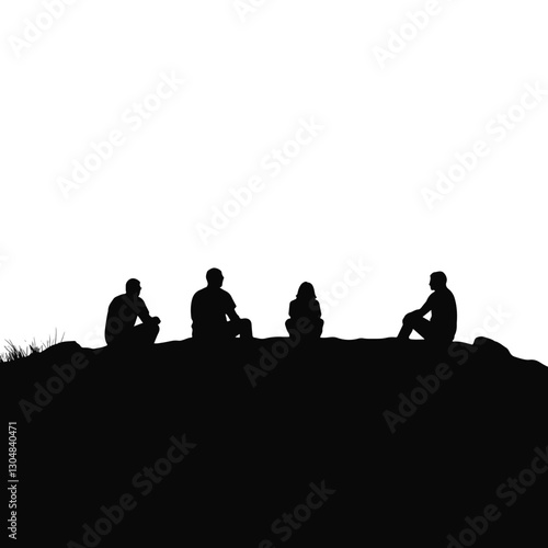 Silhouettes of figures watching sunrise from hilltop, peaceful reflection