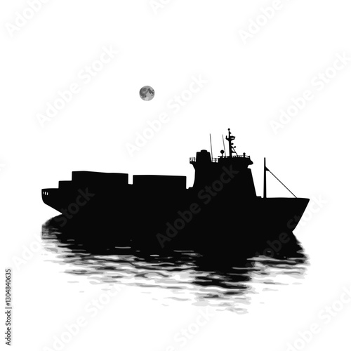 Silhouette of a cargo ship on calm sea under moonlight, tranquility