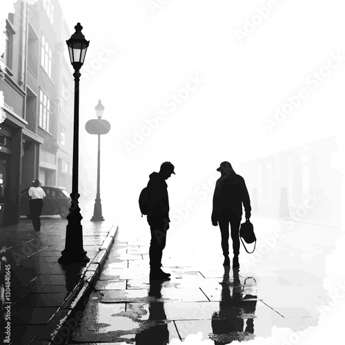 Lone figure gazing downward on rainy street, melancholy reflection
