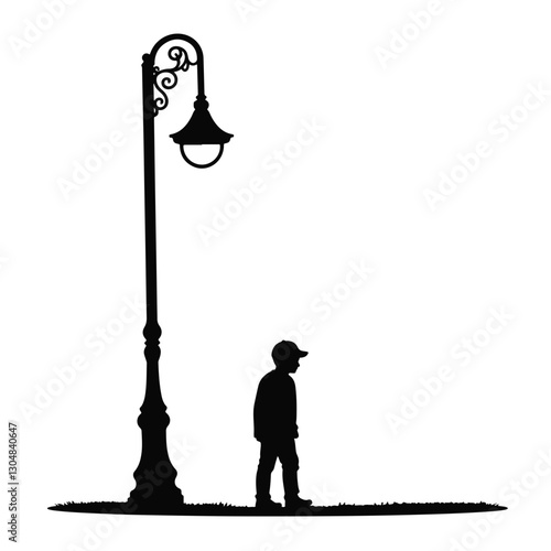 Lone child standing by streetlamp on white background, solitude