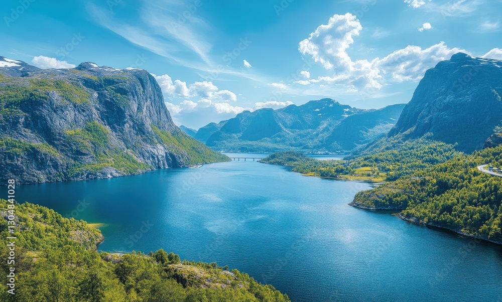 Breathtaking View of Scenic Mountain Lake Surrounded by Lush Greenery Under Bright Blue Sky and Fluffy Clouds in Northern Norway Breathtaking View of Scenic Mountain Lake Surrounded by Lush Greenery Under Bright Blue Sky and Fluffy Clouds in Northern Norway
