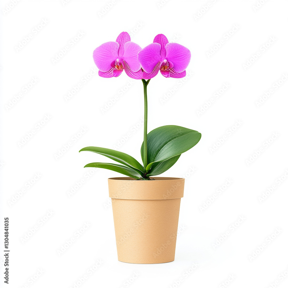 Pink orchid in modern cardboard plant pot on white background