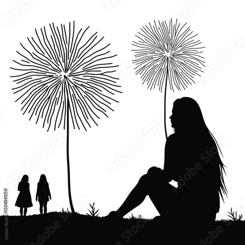 Pensive young woman silhouetted by flower-like forms, introspective beauty