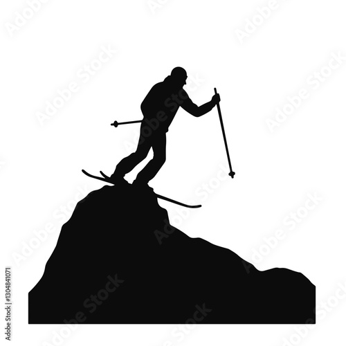Silhouette of a skier descending a mountain, winter adventure