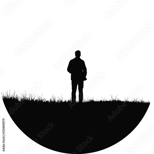 Solitary figure standing in vast field silhouette, introspection concept