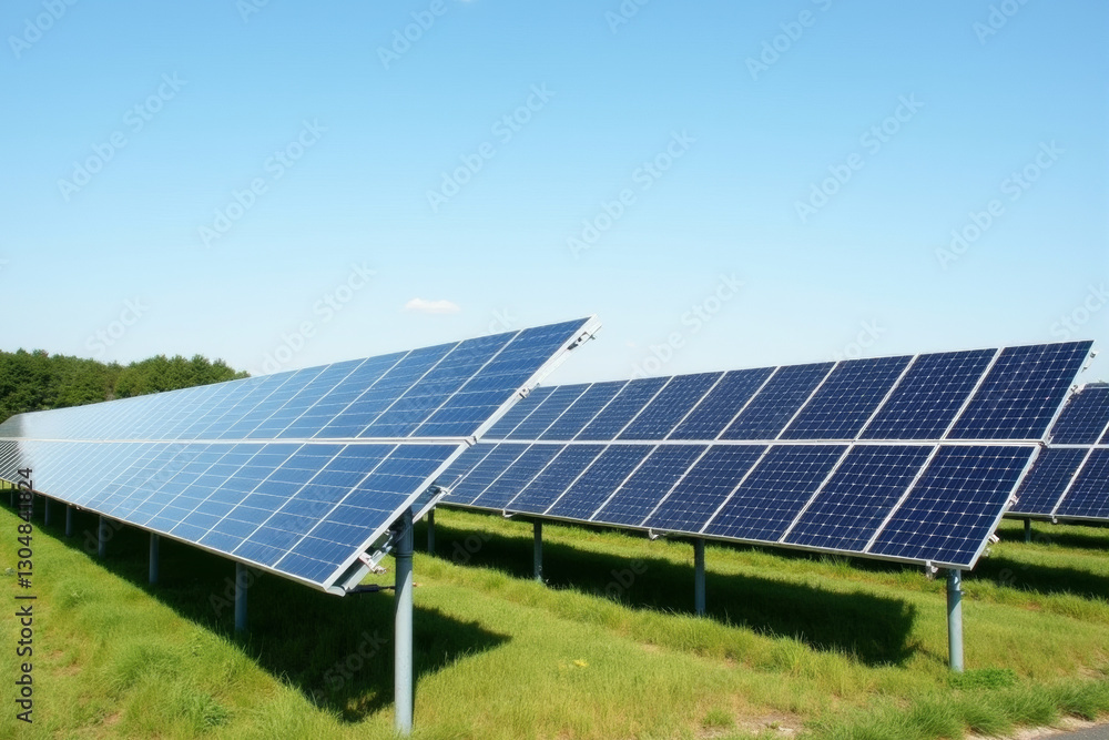 Large solar farm with reflective panels under bright sunlight, renewable energy concept . Large solar farm with reflective panels under bright sunlight, renewable energy concept .