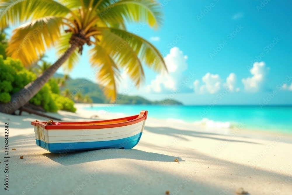 Serene Beach Scene Small Boat Resting on Pristine White Sand Underneath Lush Palm Tree Canopy Serene Beach Scene Small Boat Resting on Pristine White Sand Underneath Lush Palm Tree Canopy
