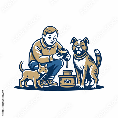 Hand drawn a person taking care of a pet. Flat image isolated on white background. Vector illustration.