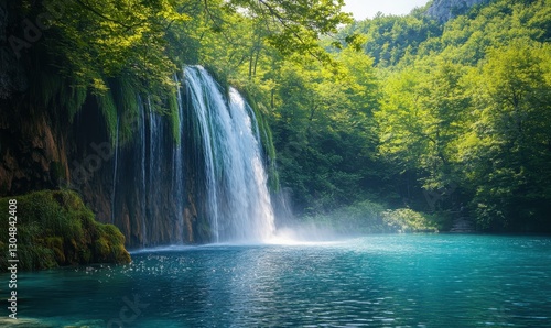 Breathtaking Waterfall Cascading Over Rocks Surrounded by Lush Green Trees in a Serene Natural Landscape with Clear Blue Water and Soft Mist