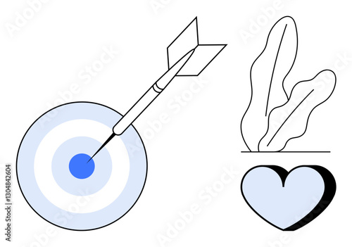 Target hit by arrow showing focus, blue heart symbolizing emotions, and plants denoting growth. Ideal for goal setting, success, strategy, love, mindfulness development well-being. Flat simple