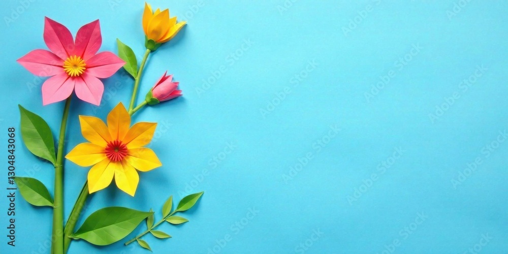 Obraz premium Vibrant Paper Flowers Arranged on a Light Blue Background, Perfect for Springtime Greetings or Festive Decorations