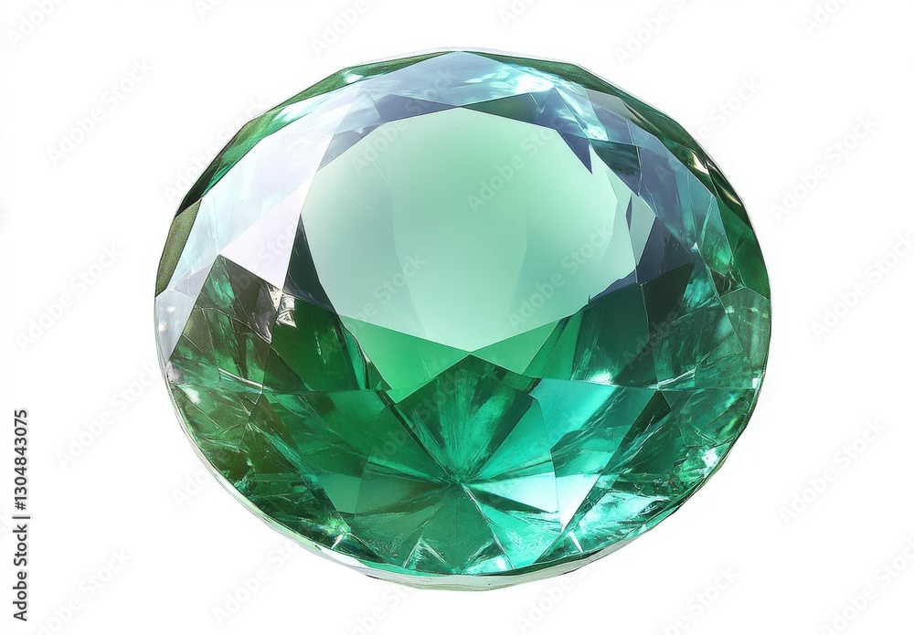 Brilliant Green Gemstone with Faceted Surface and Reflective Properties on White Background Brilliant Green Gemstone with Faceted Surface and Reflective Properties on White Background