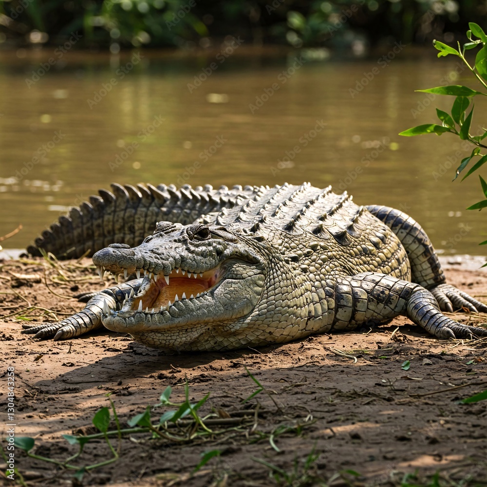 Naklejka premium Crocodile Basking in Sunlight on a Riverbank, Wildlife Photography