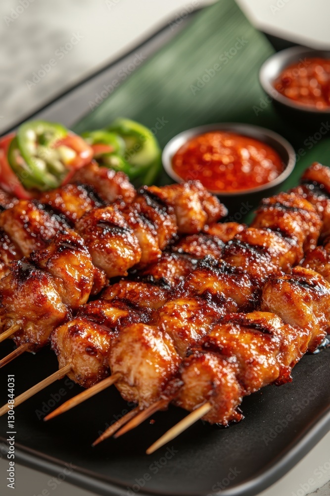 Delicious chicken satay skewers with spicy chili sauce and fresh jalapeno slices on a black plate appetizing food photography Delicious chicken satay skewers with spicy chili sauce and fresh jalapeno slices on a black plate appetizing food photography
