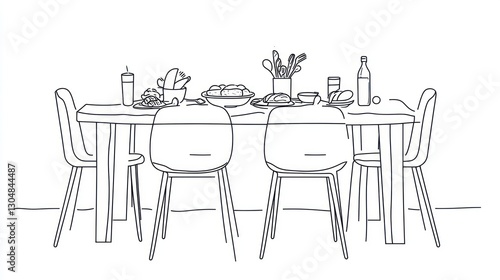 Simple line drawing of a dining table with chairs and food. Possible use Stock photo for restaurant design, interior design, or illustration