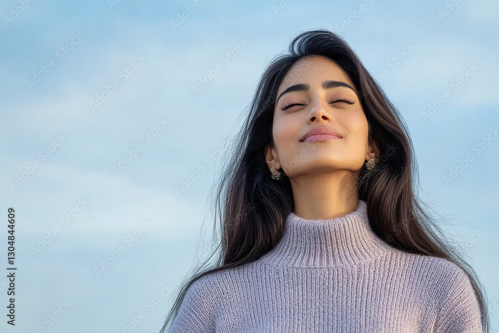 Young beautiful woman female wearing purple sweater and breathing Young beautiful woman female wearing purple sweater and breathing