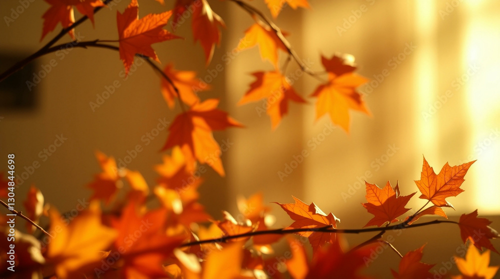 Autumn leaves illuminated by warm sunlight, creating a serene, golden atmosphere with vibrant orange, yellow, and red hues Autumn leaves illuminated by warm sunlight, creating a serene, golden atmosphere with vibrant orange, yellow, and red hues