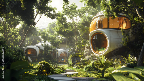 eco-community where people live in harmony with nature, using advanced green technology for daily life 