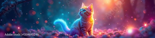 A whimsical illustration of a rainbow-colored cat surrounded by sparkles and mystical energy, cat, fantasy