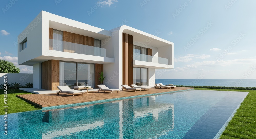 Obraz premium A stunning modern beachside villa with a sleek white exterior large glass windows and a wooden pool deck